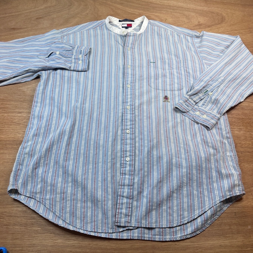 Vintage Tommy Hilfiger XL Blue Stripe Button Up Shirt Crest Logo Cotton